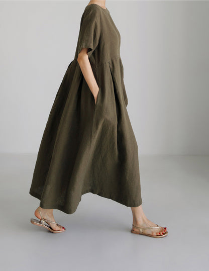 Loose Cotton And Linen Pullover Round Neck Dress