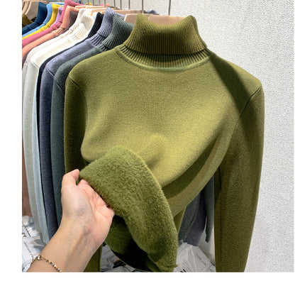 Women's Turtleneck Sweater Top With Velvet Thickened Inner Wear