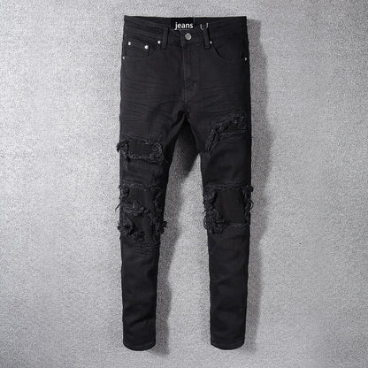 Foreign Trade Men's Black Patch Jeans Simple