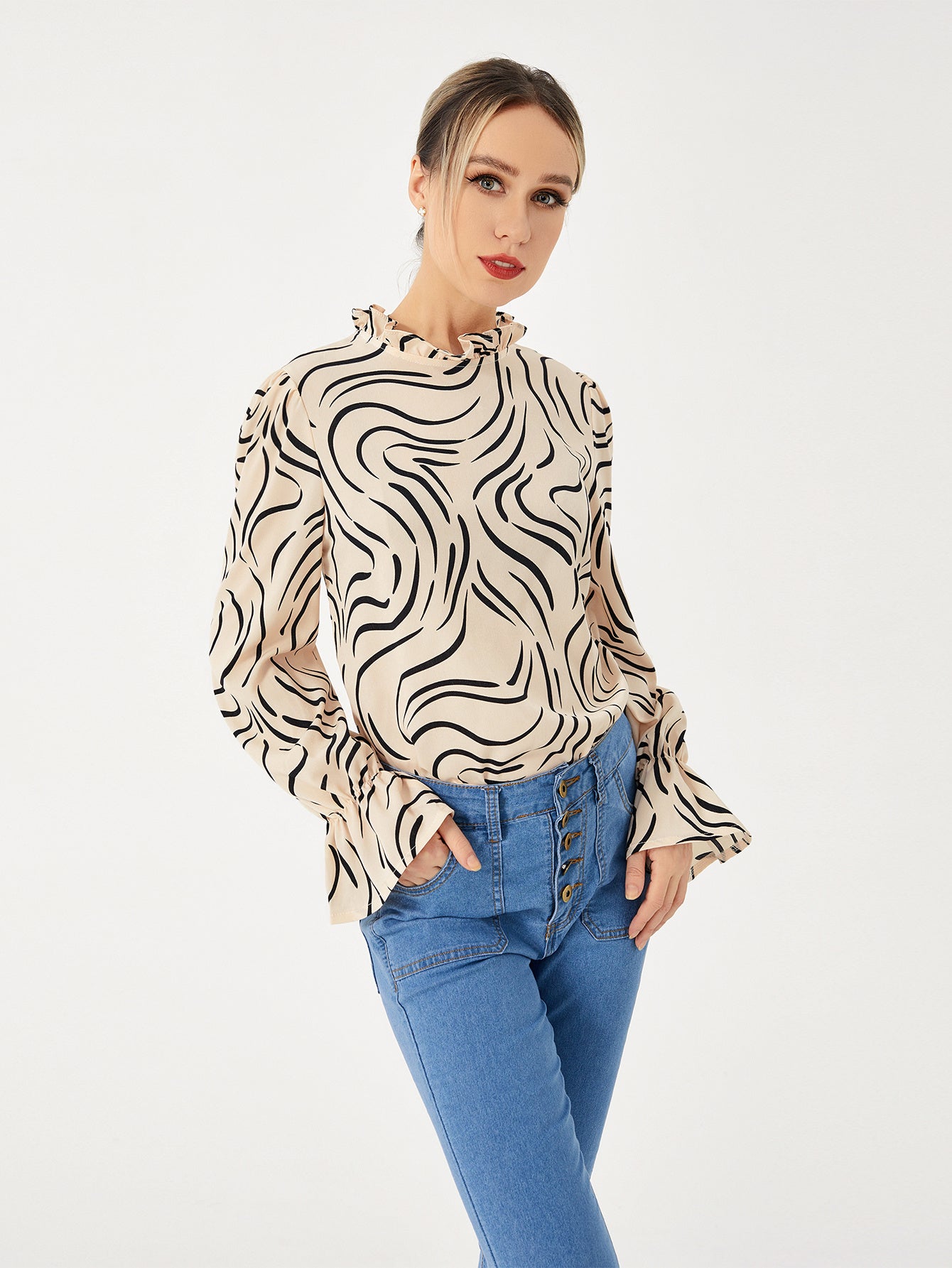 Ladies Graphic Casual Balloon Sleeve Shirt