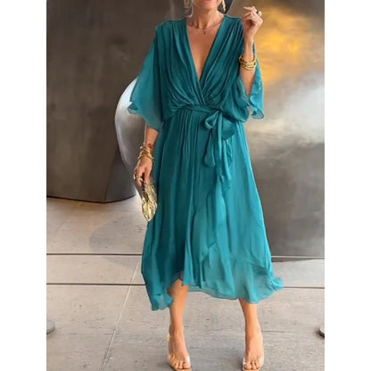 Batwing Sleeve V-neck Dress Summer Pure Color Tied Irregular Long Dresses Womens Clothing