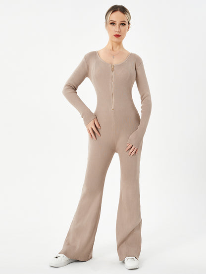 Zippered Round Neck Flared Trousers