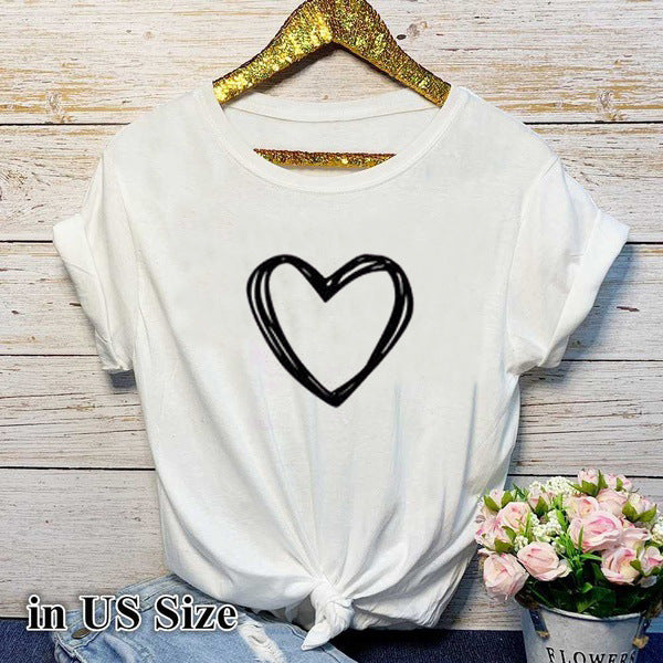 Heart Print T Shirt Women Short Sleeve O Neck Loose Tshirt Summer Women Causal Tee Shirt Tops Clothes Camisetas Mujer