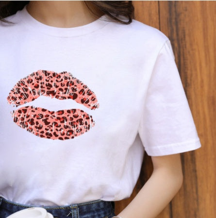 Leopard Print Love Lip Print Fashion Western Style Summer Ladies Print Short-sleeved T-shirt Top