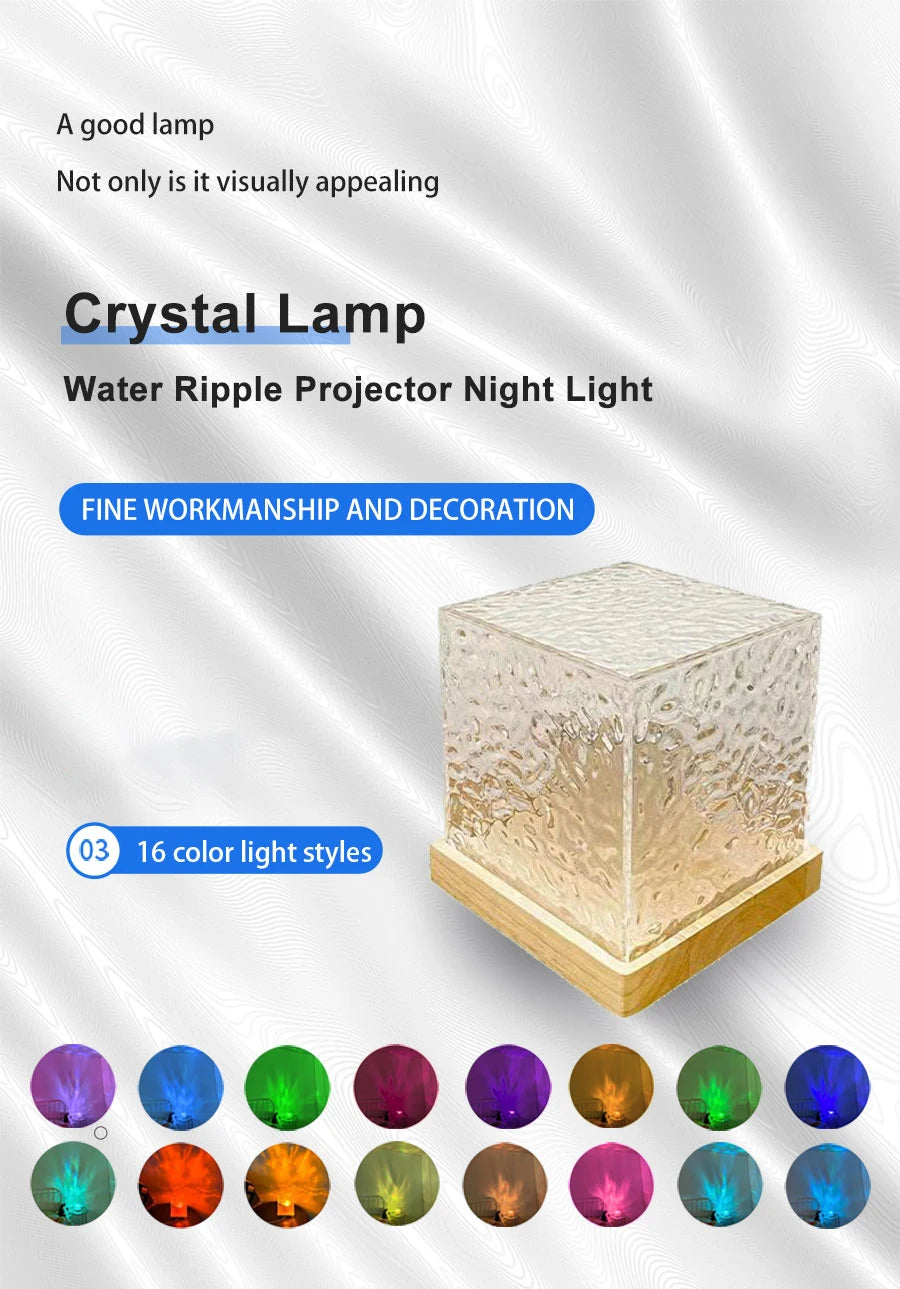 🔥 Dynamic Rotating Water Ripple Projector Night Light 3/16 Colors Flame Crystal Lamp for Living Room Study Bedroom Rotating Light