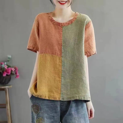 Cotton Linen Contrast Color T-shirt Artistic Design Half Sleeve Women