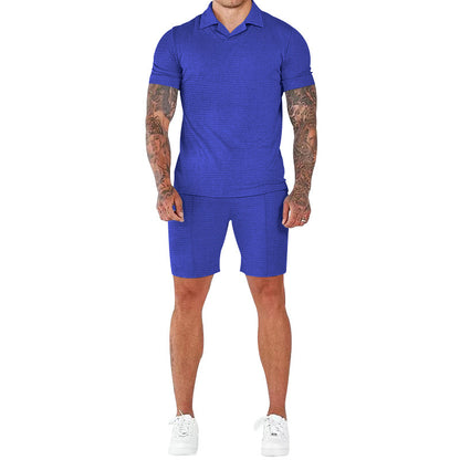 Men's Fashion Waffle V-neck Polo Short Sleeve Shorts Suit