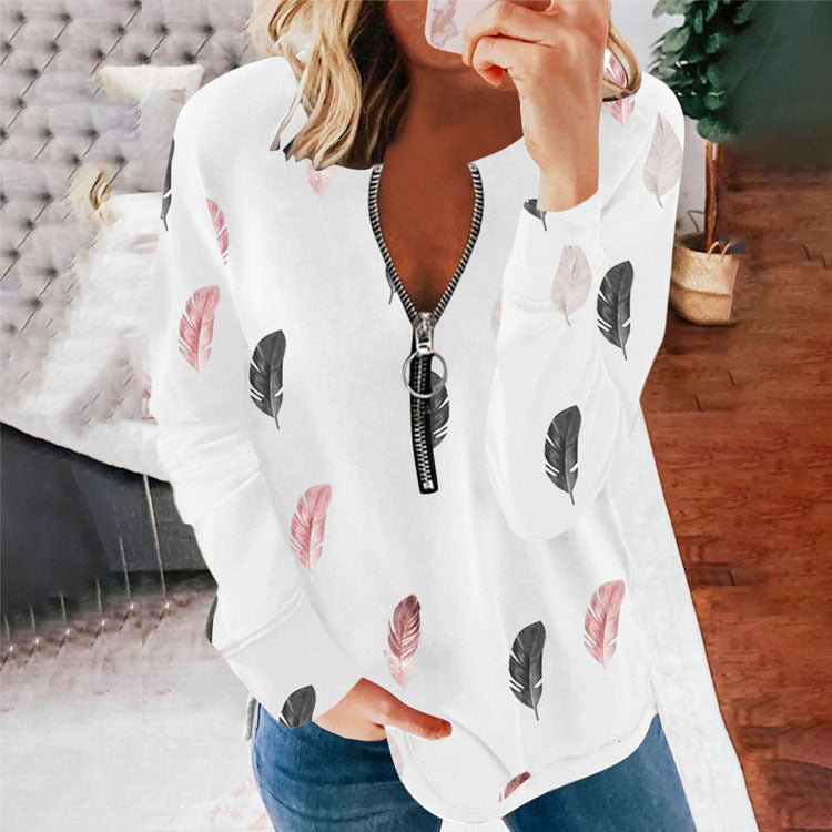 Women's V-neck Zipper Feather Print Long Sleeve Loose T-shirt