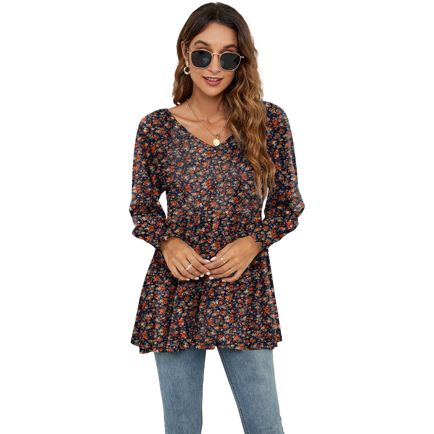 Long Puff Sleeve Tops Women Flowers Print Casual V-Neck Blouse T-Shirts Babydoll Tops