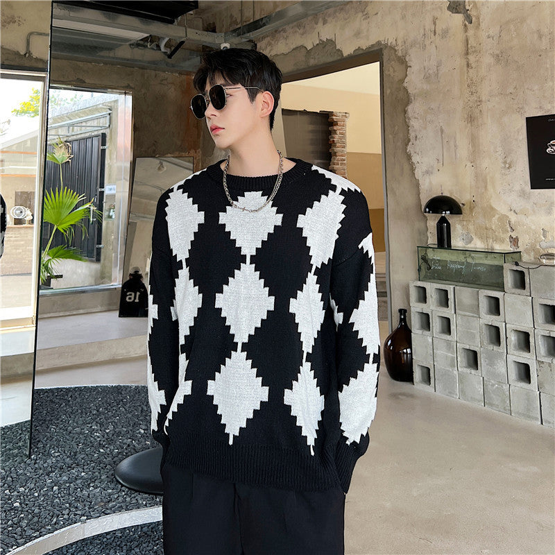 Ins Black And White Contrast Rhomboid Round Neck Knit