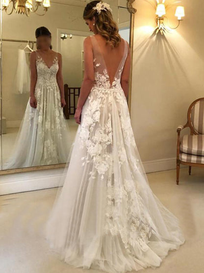 Double-shoulder Deep V-neck Slim-fit Lace Wrapped Shoulder Tail Wedding Dress