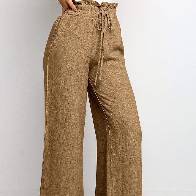 Elastic Waistband Lace-up Wide Leg Pants Solid Color Cropped Pants