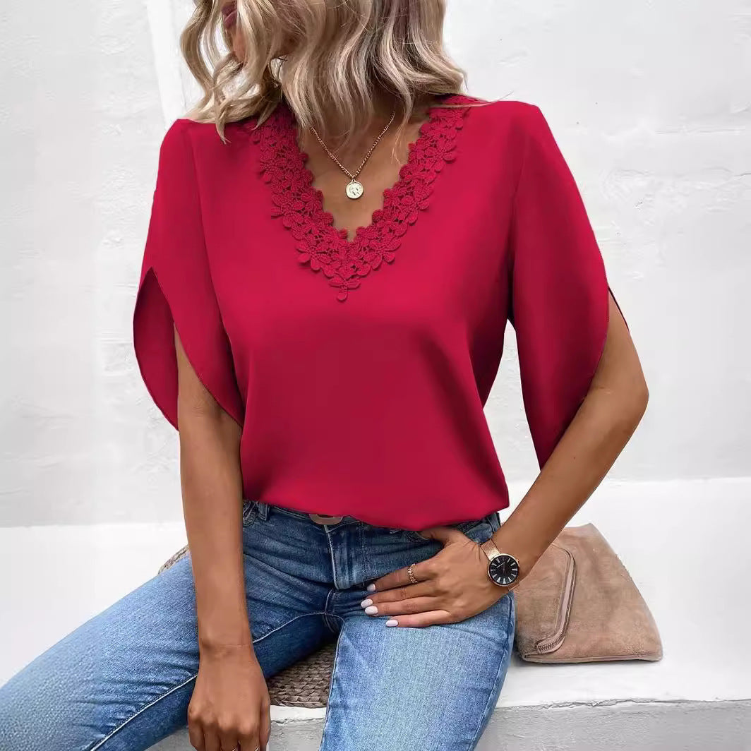 Lace V-neck Flared Sleeves Loose Shirt