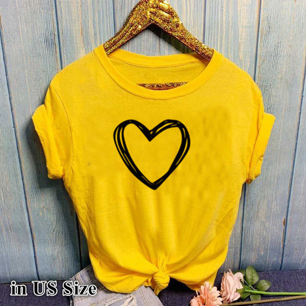 Heart Print T Shirt Women Short Sleeve O Neck Loose Tshirt Summer Women Causal Tee Shirt Tops Clothes Camisetas Mujer