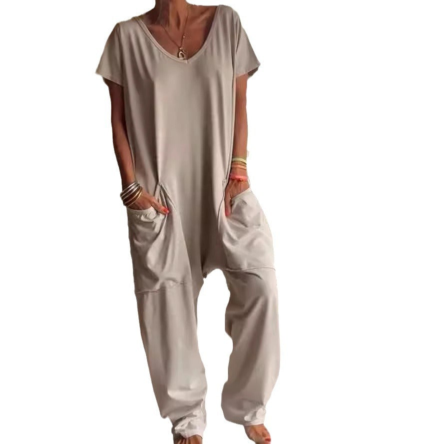 European And American Solid Color And V-neck Oversized Pocket Low-grade Jumpsuit