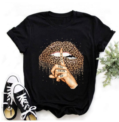 Leopard Print Love Lip Print Fashion Western Style Summer Ladies Print Short-sleeved T-shirt Top