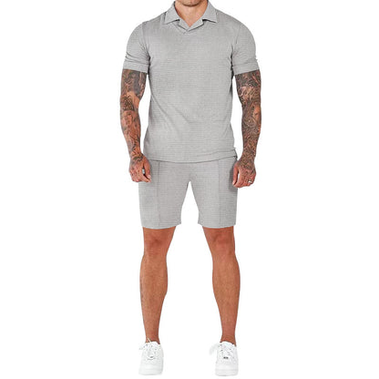 Men's Fashion Waffle V-neck Polo Short Sleeve Shorts Suit