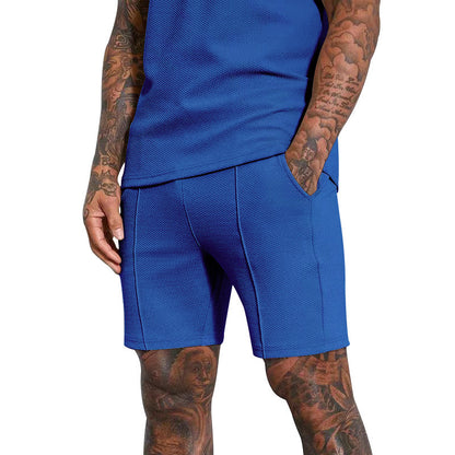 Men's Fashion Waffle V-neck Polo Short Sleeve Shorts Suit