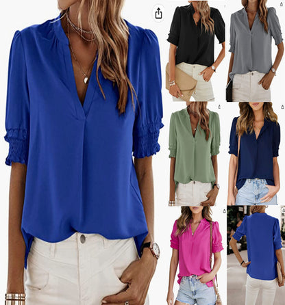 Women's V-neck Casual Short-sleeved Solid Color Chiffon Shirt