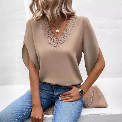 Lace V-neck Flared Sleeves Loose Shirt