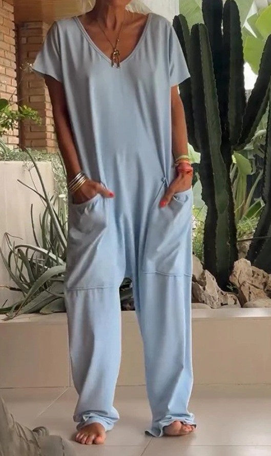 European And American Solid Color And V-neck Oversized Pocket Low-grade Jumpsuit