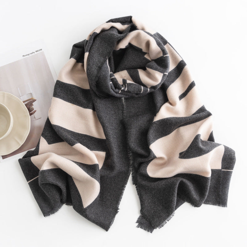 Herringbone Pattern Monochrome Artificial Cashmere Scarf Women's Simple Casual Style Tassel Warm Shawl