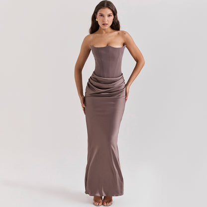 Fishbone Bandeau Slim-fit Backless Autumn And Winter Velvet Dress Black Evening Gown