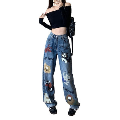 Female American retro high street graffiti jeans