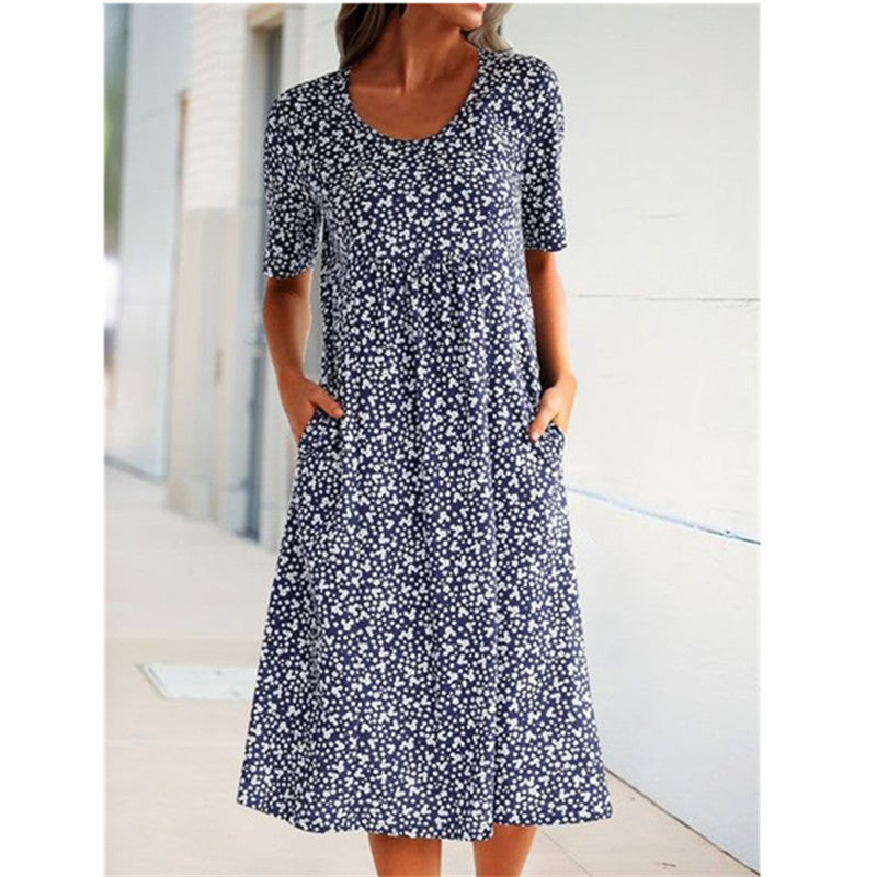 Women's Skirt Slim Round Neck Pocket Print