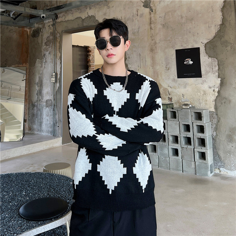 Ins Black And White Contrast Rhomboid Round Neck Knit