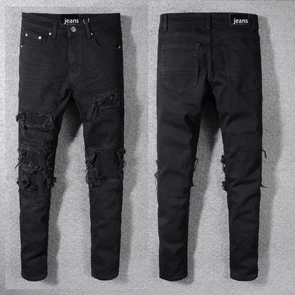 Foreign Trade Men's Black Patch Jeans Simple