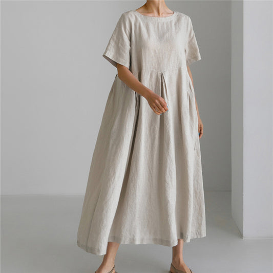 Loose Cotton And Linen Pullover Round Neck Dress