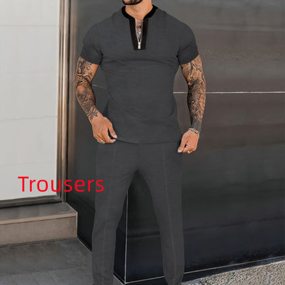 Men's Fashion Waffle Short Sleeve Stitching Stand Collar Suit