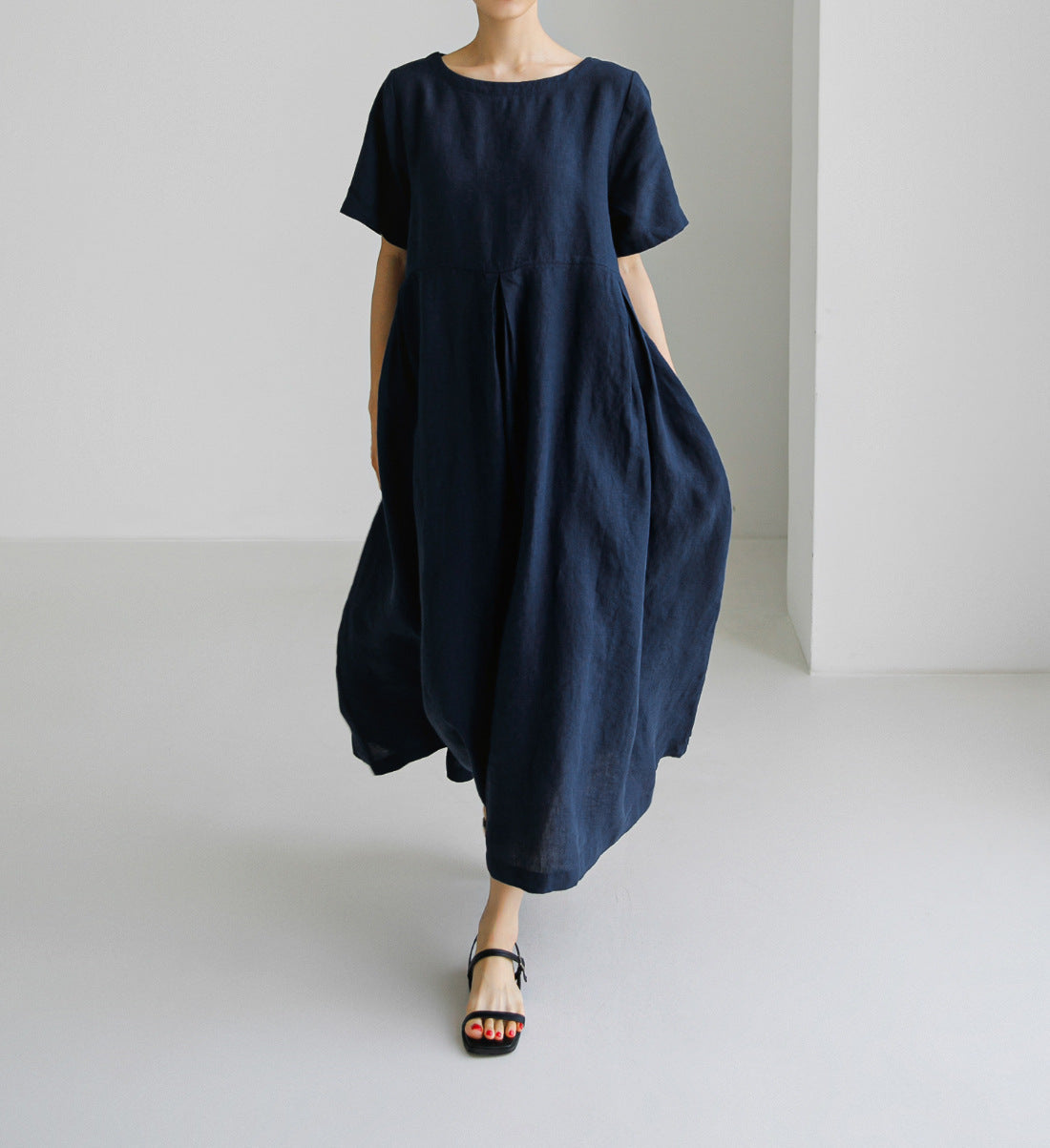 Loose Cotton And Linen Pullover Round Neck Dress