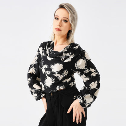 Elegant Ladies Print Front Drop Collar Blouse