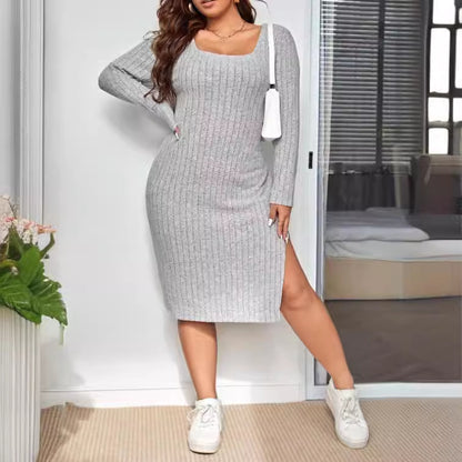 Long Sleeve Narrow Slit Slim-fitting Sunken Stripe Knitted Dress