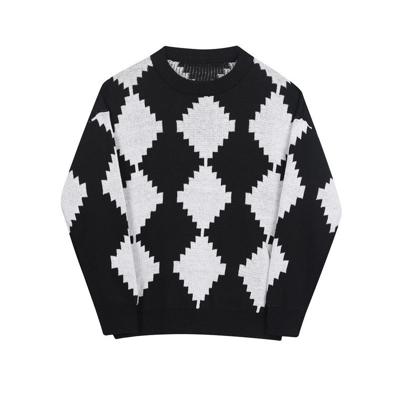 Ins Black And White Contrast Rhomboid Round Neck Knit