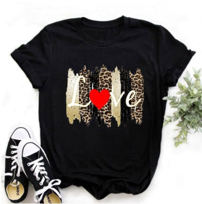 Leopard Print Love Lip Print Fashion Western Style Summer Ladies Print Short-sleeved T-shirt Top