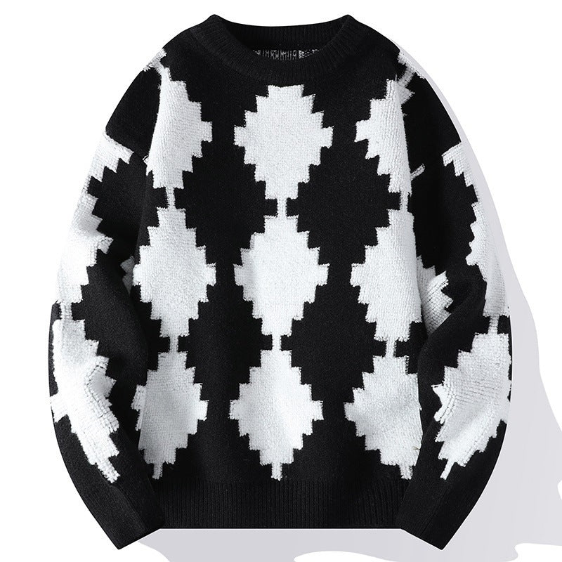 Ins Black And White Contrast Rhomboid Round Neck Knit