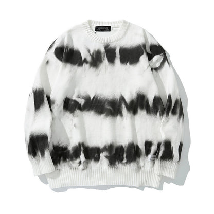 High Street Tie Dye Striped Knit Pullover Sweater Men's Hip Hop