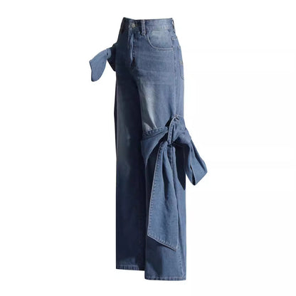 Women's Washed Distressed Stitching Bow Wide Leg Jeans