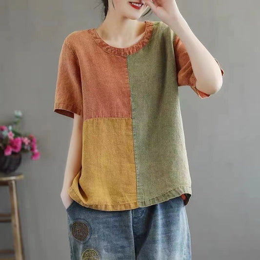 Cotton Linen Contrast Color T-shirt Artistic Design Half Sleeve Women