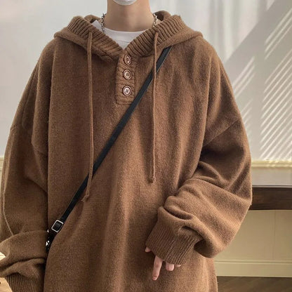 Button Hooded Sweater Lazy Luxury Coat Loose Knitted Shirt