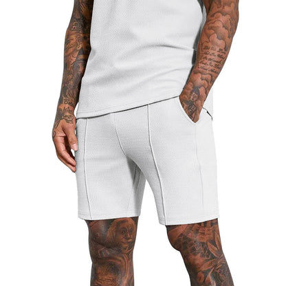 Men's Fashion Waffle V-neck Polo Short Sleeve Shorts Suit