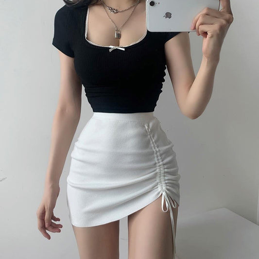 Hot Girl Hip Skirt Design High Waist With Straps Stretch Knitted Women's Skirt