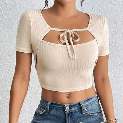 Women's Sunken Stripe Rib Lace-up Square Collar Top